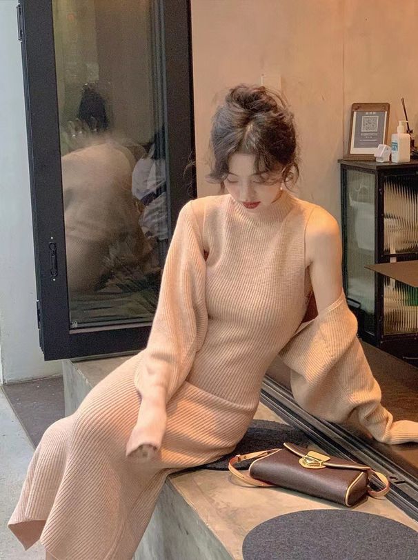 Lazy French Elegant Slimming Knitted Dress Women's Autumn New Solid Color Careful Machine Two Piece Set_voghion.com