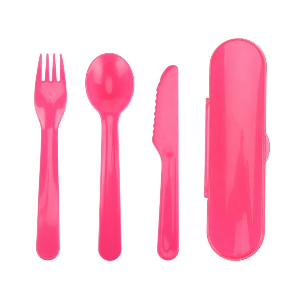 Set di 4 utensili in plastica per bambini con custodia da viaggio - Rosa, senza BPA, forchetta, cucchiaio, coltello_voghion.com