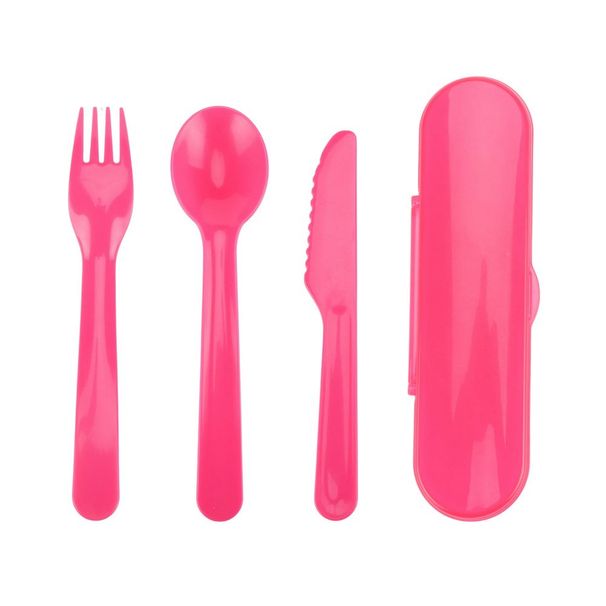Set di 4 utensili in plastica per bambini con custodia da viaggio - Rosa, senza BPA, forchetta, cucchiaio, coltello_voghion.com