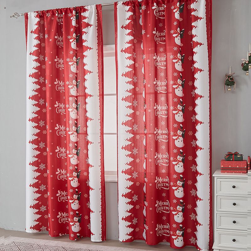 Christmas Print Curtains – Festive Holiday Window Drapes With Reindeer/Snowman/Tree Designs (100% Polyester Red/Blue, Semi-Sheer, Grommet Top)_voghion.com