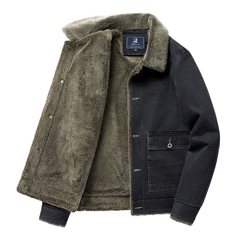 Herrenbekleidung Winter-Jeansjacke für Herren mit Revers und dickem, warmem Samt-Baumwollmantel, lockere, große Größe, trendige Arbeitsjacke für Herren_voghion.com