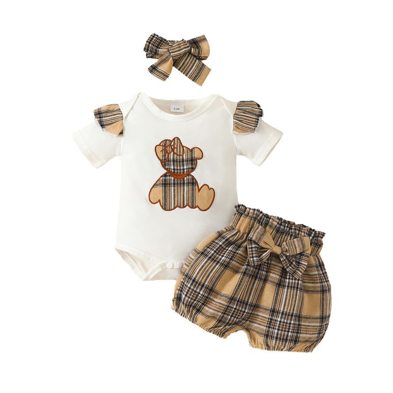 Babykleidung Baby Bär Stickerei Kurzarm Dreieck Strampler Strampler Plaid Shorts 0-1 weiblicher Babyanzug_voghion.com