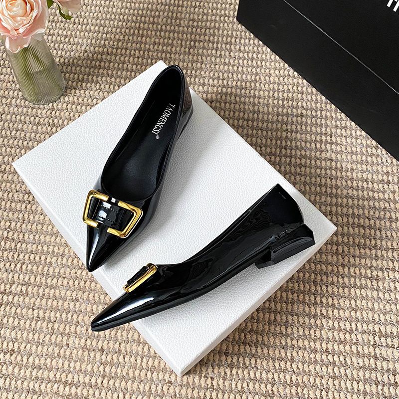 858 Huidong Yixin Da Shallow Mouth Metal Buckle Pointed Toe Black Low Heel Commuter Work New Style Single Shoes_voghion.com