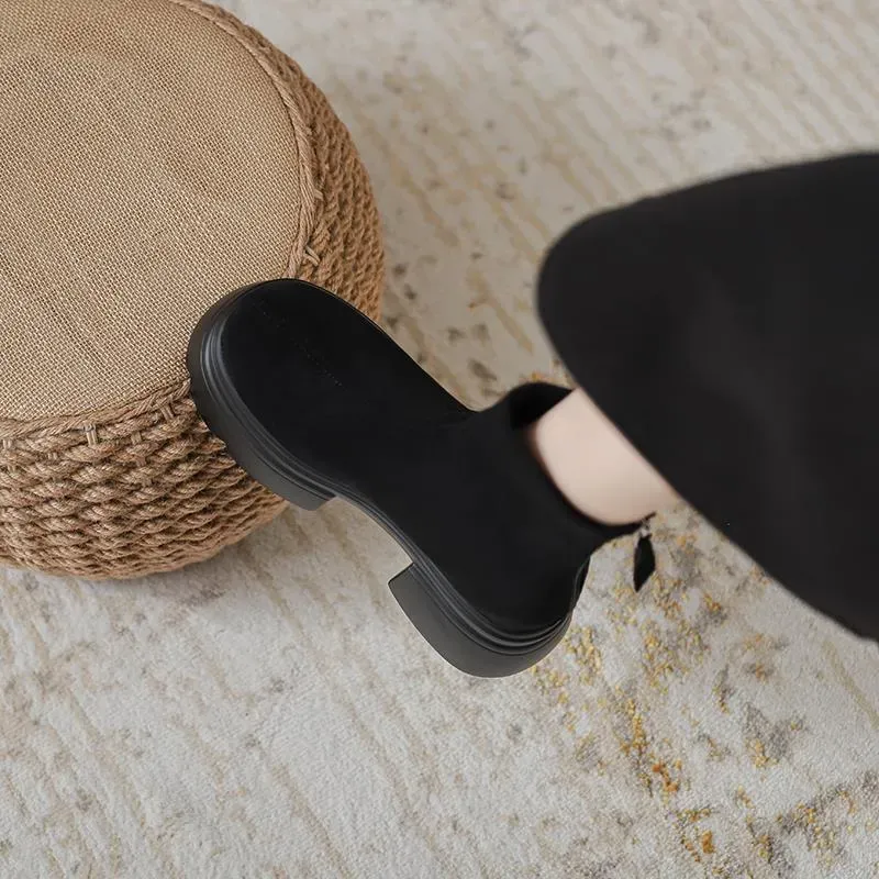 2024 Women's Martin Boots: High-Heel Suede Skinny Boots, Thick Sole, Height Boosting, Minimalist Design, Black/Apricot,_voghion.com