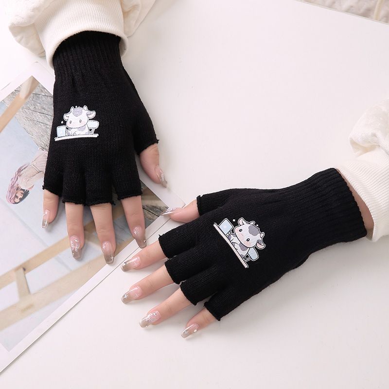 Herbst-Winter-Plüschhandschuhe mit Cartoon-Print, halbfingerig, gestrickt, warm, für Büro und Studenten._voghion.com