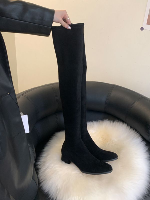 Vom Shop-Besitzer empfohlene 5050 Square Toe Chunky Overknee High Heel Herbst Winter Elastic Slimming Damen Sockenstiefel_voghion.com