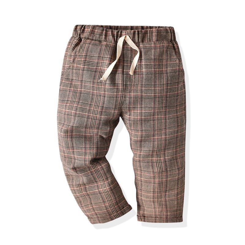 Kid's Clothing children's clothing spring and autumn children's coffee plaid casual trousers medium and large children's lace-up straight trousers_voghion.com