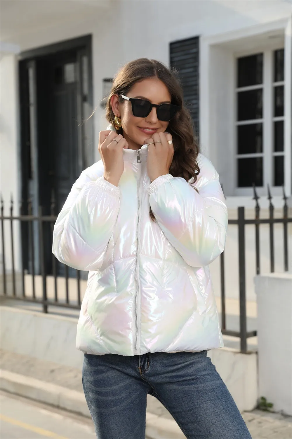 Fashionable bright cotton jacket hooded bread jacket warm cotton jacket_voghion.com