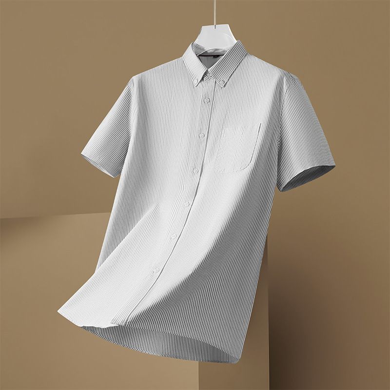 Camicia estiva a maniche corte da uomo taglie forti, vestibilità comoda, vestibilità comoda, in cotone Oxford a righe con colletto a punta_voghion.com