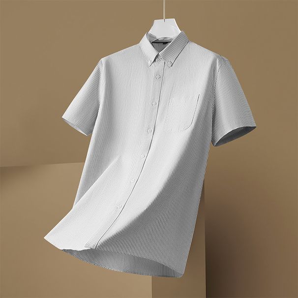 Camicia estiva a maniche corte da uomo taglie forti, vestibilità comoda, vestibilità comoda, in cotone Oxford a righe con colletto a punta_voghion.com