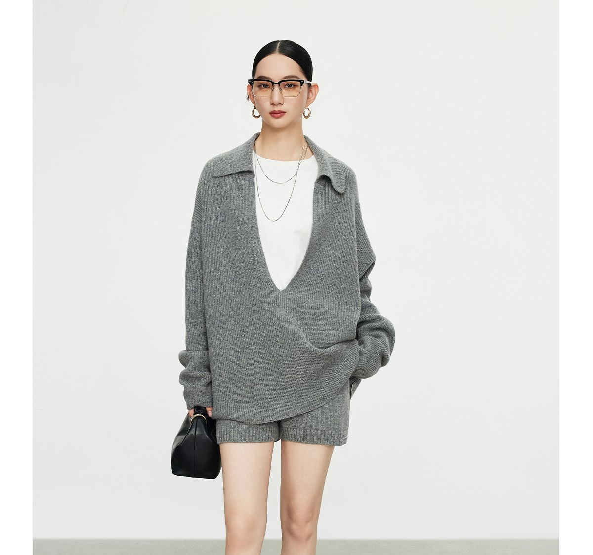 Wolle Faul Stil Große V-ausschnitt Pullover Shorts Set Für Frauen 2025 Herbst Casual Mode Gestrickte Top_voghion.com