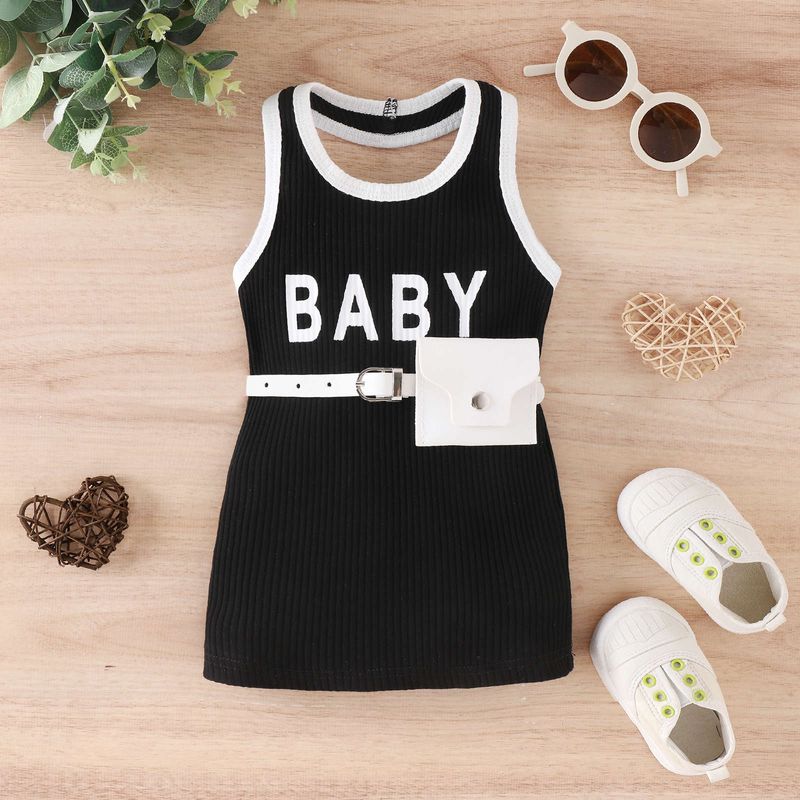 Moda Donna Lettera Stampa Appeso Collo Aperto Indietro con Marsupio Primavera/Estate Vestito per Bambini_voghion.com