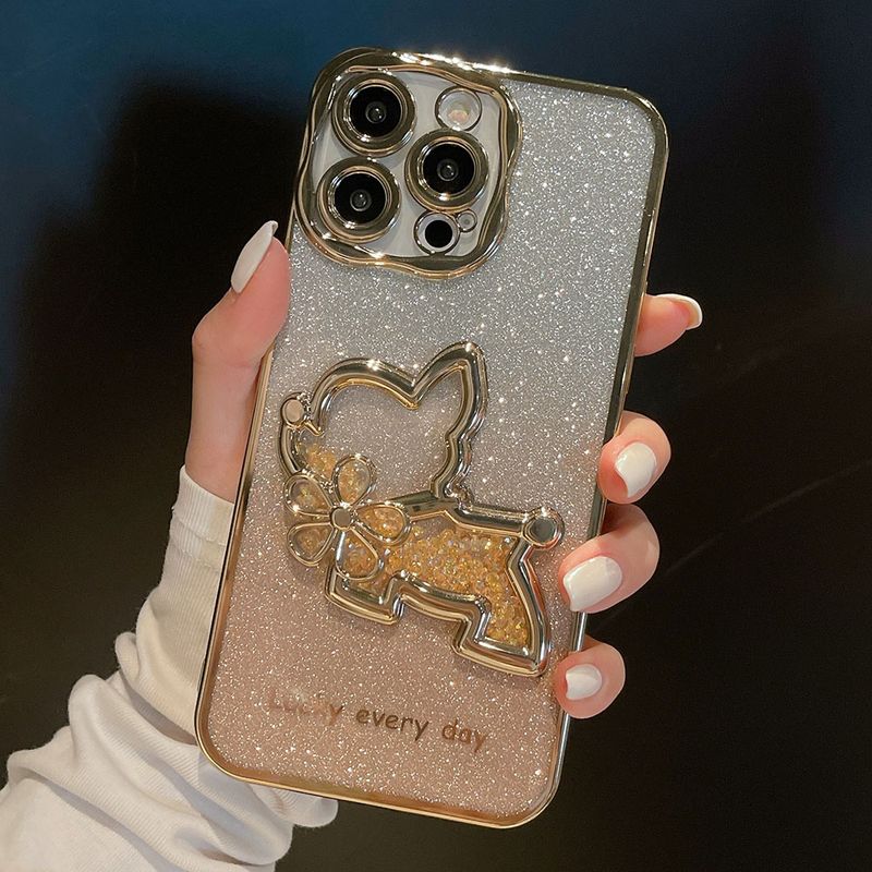 Luxury Electroplating Glitter Liquid Quicksand Flower Dog Phone Case For iphone 14 13 12 11 Pro Max Gradient Bling Bumper Cover_voghion.com