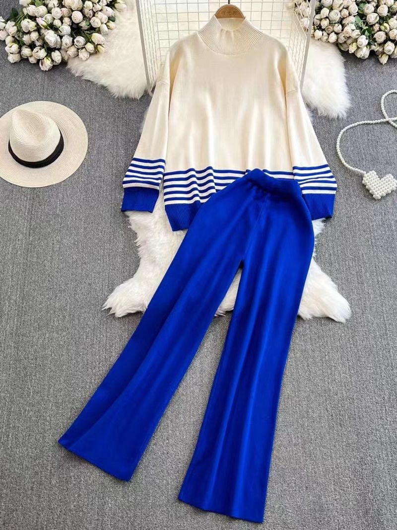 Abbigliamento da donna, abito casual in maglia alla moda per le donne, autunno e inverno, ampio, a maniche lunghe, a contrasto, vita alta, pantaloni lunghi, larghi e aderenti_voghion.com