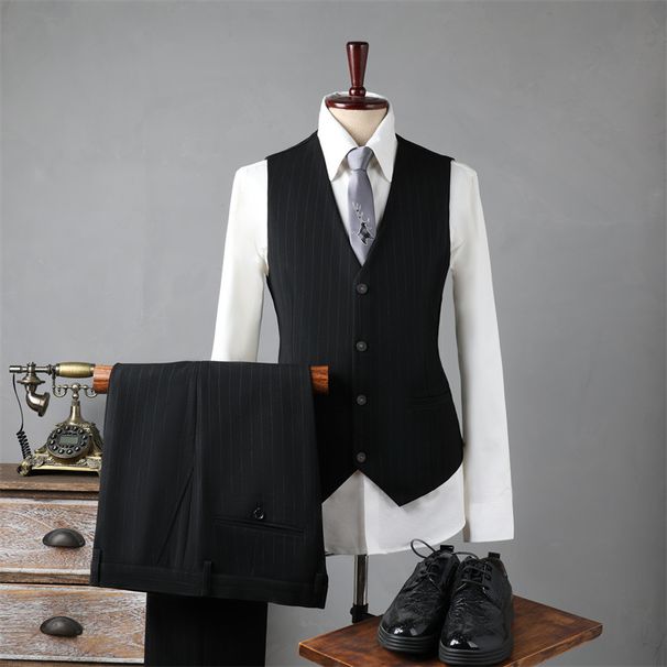 Men's Slim Fit Wedding Suit Set – Single-Button Notch Lapel Blazer With Pinstripes, Groom & Groomsmen Formal Attire (Black/Mist Gray Stripe)_voghion.com