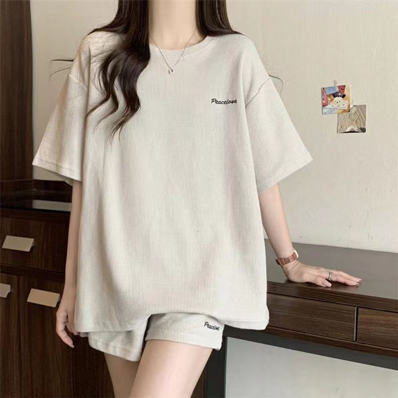 Summer Korean College Syle Casual Spors Sui Women's Loose Waffle Shor Sleeve T-Shir Shors Comforable Two-piece_voghion.com
