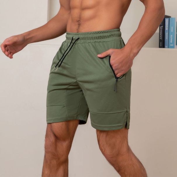 Zipper Pocket Sports Casual Shorts For Men, Summer Quick Drying Breathable Running Solid Color Beach Pants_voghion.com