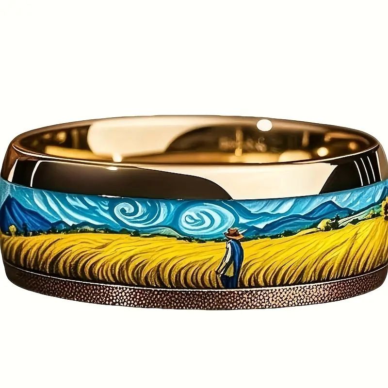 Van Gogh Brushstrokes Eternal Stainless Steel Art Ring | Wearing Wheat Field Starry Sky On Your Fingertips_voghion.com