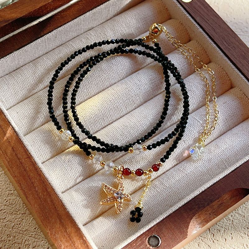 14k Gold Bag, Black Tip Gold, Black Tourmaline, Black Bead, Cut Face, Three-circle Bracelet, Bracelet._voghion.com