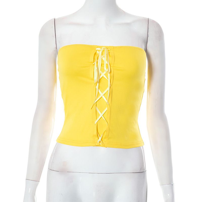 Damen Sommer New Nabel Short Tube Top T-Shirt Damen Enges Schnürtop_voghion.com