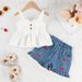 Ärmelloses Rüschenoberteil für Mutter und Kind mit bestickten Jeansshorts, Blumendruck, atmungsaktives Polyester, lässiges Outfit für Kleinkinder (90–130 cm)_voghion.com
