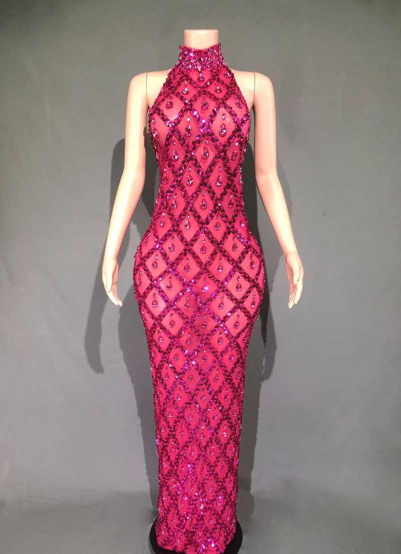 Women's Clothing STOCK sexy perspective backless shiny rhinestone long skirt carnival party evening dress performance costume_voghion.com