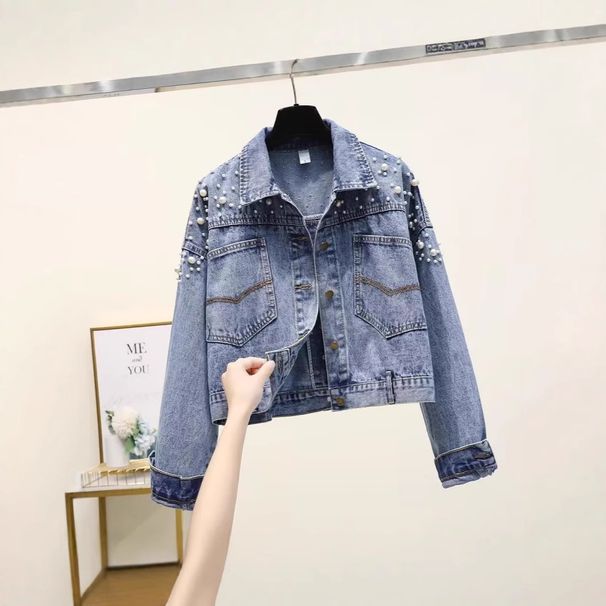 Damen-Jeansjacke im Used-Look – Übergroße hellblaue Jeansjacke mit Perlenstickerei, langärmliger Freizeitmantel (S-2XL)_voghion.com