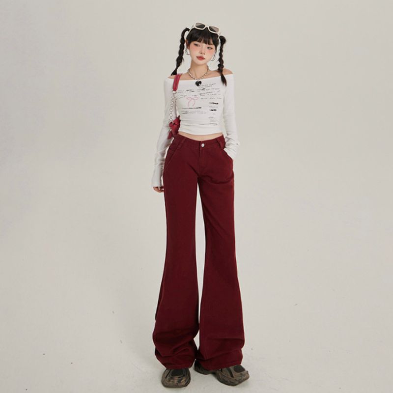 Pantaloni a zampa d'elefante retrò a vita bassa da donna, vestibilità aderente, autunno e inverno_voghion.com