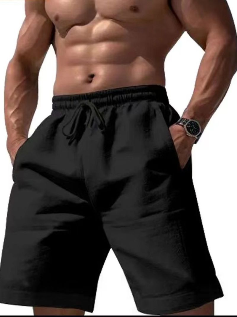 Vêtements pour hommes, nouveaux shorts en coton et lin pour hommes, cordon de serrage, taille élastique, jambe droite, couleur unie, respirant, quotidien, plage, cinq points, loisirs, taille M_voghion.com