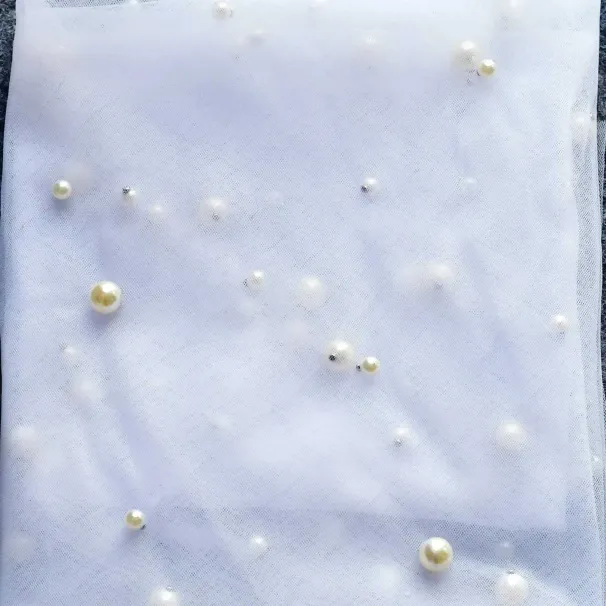 Hårsmykker Perlekant Lange Katedral Brudeslør 1 Lag med Kam Organza Perlebesatte Brudekjoler Tilbehør VP92_voghion.com