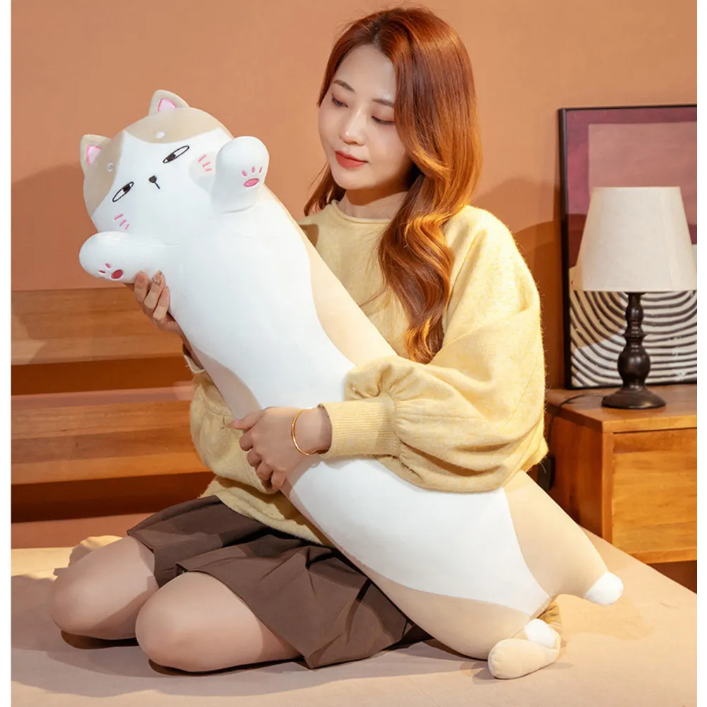 Plīša rotaļlieta radošam kaķim, garš spilvens, spilvens, kāju skava, nomierinošs miegs, noņemama un mazgājama auduma lelle_voghion.com