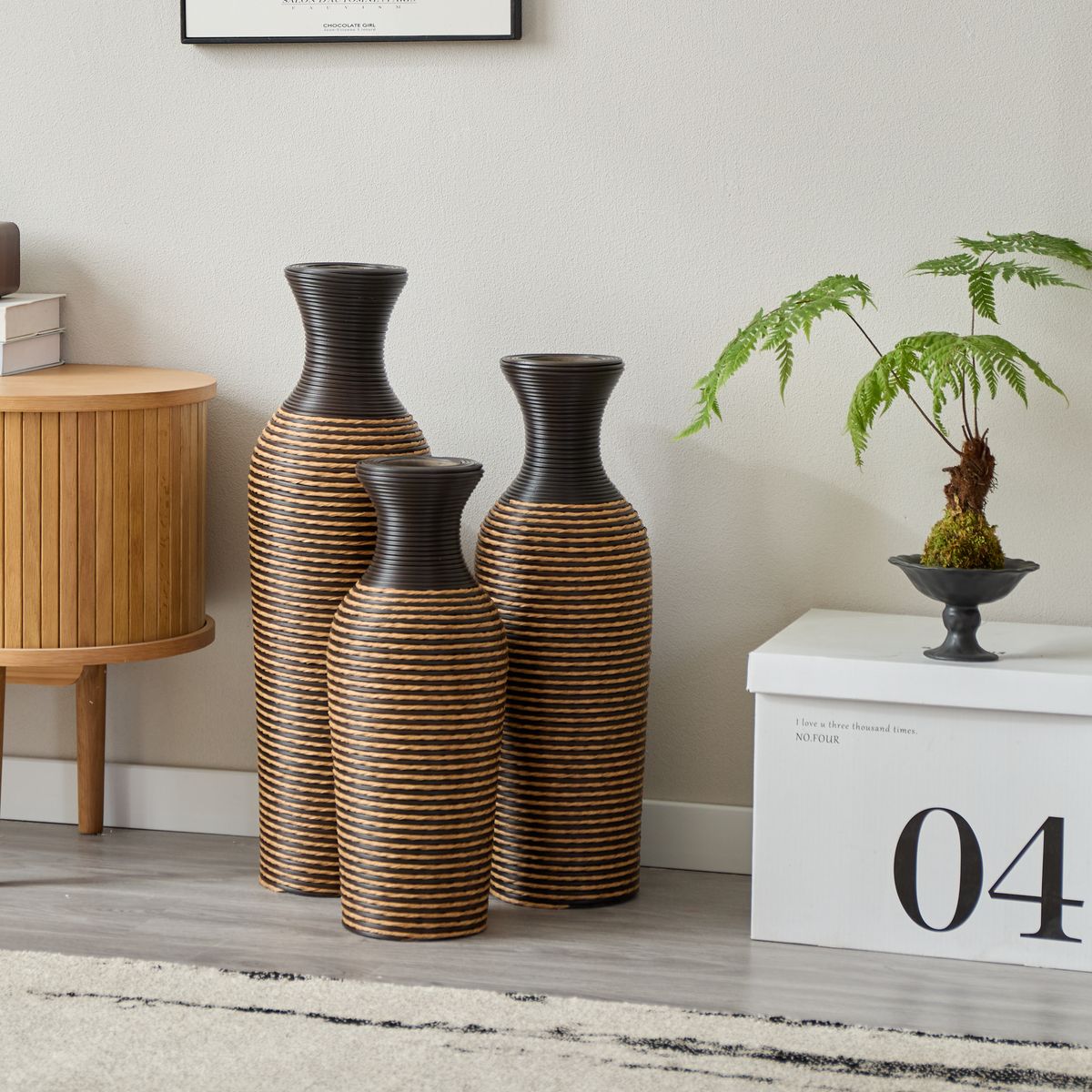 3-piece Set Of Beige+black Decorative Floor Vases, Classic And Neat Floor Vases With High Independent Flower Racks, Artificial Vine Vases, PVC Floor Vases, Home Decoration Flower Racks_voghion.com