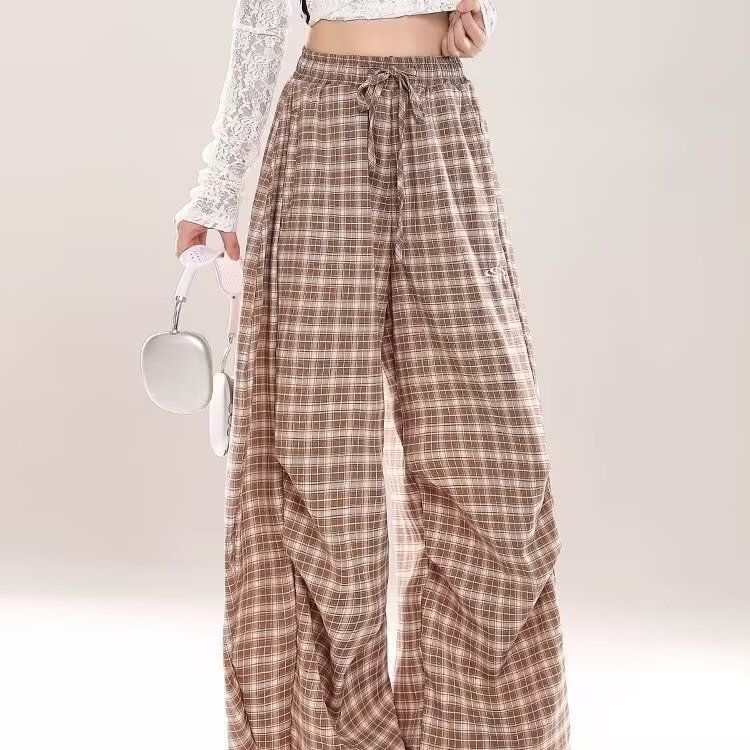 Pantaloni lunghi larghi versatili casual primaverili e autunnali, dal design ampio, a quadri americani_voghion.com