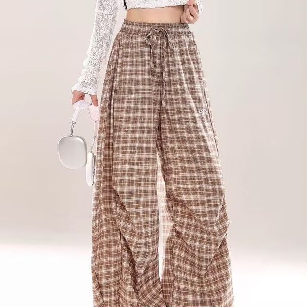 Pantaloni lunghi larghi versatili casual primaverili e autunnali, dal design ampio, a quadri americani_voghion.com