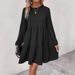Abito corto casual autunnale a pieghe semplice, tinta unita, da donna, nero, con scollo rotondo, manica lunga_voghion.com