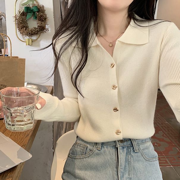 Women's Turn-Down Collar Knitted Long Sleeve Top - Soft Loose Fit Casual Blouse For Autumn & Spring_voghion.com