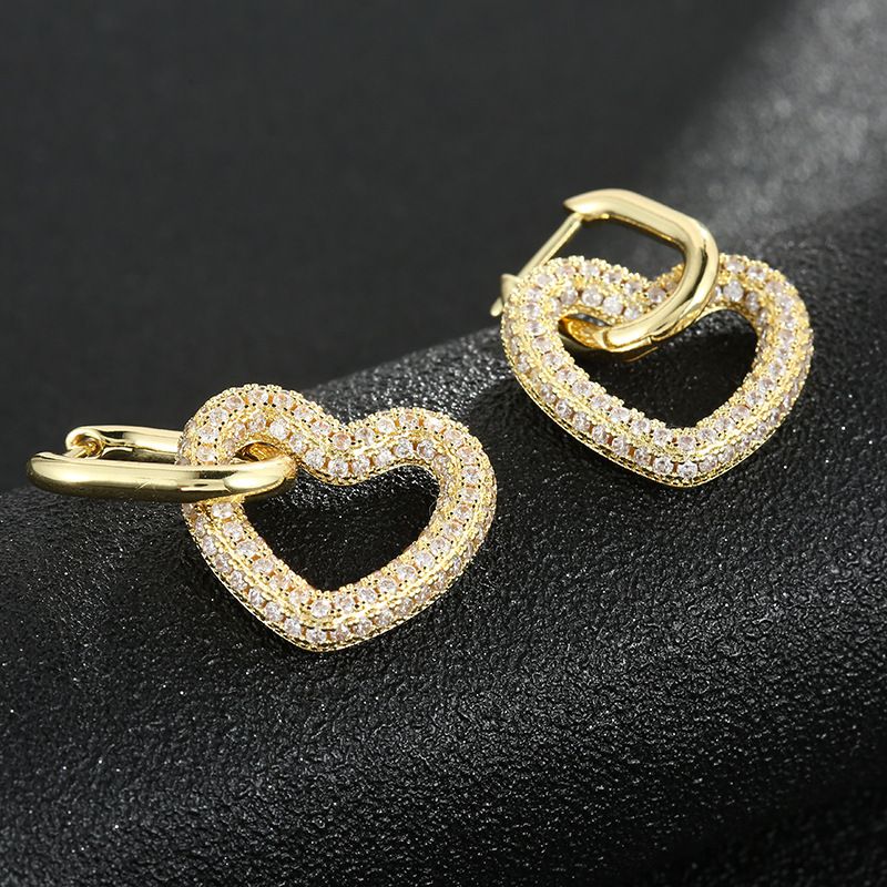 Brincos femininos geométricos com fecho duplo em formato de coração e brincos de diamante, brincos simples retrô de hip hop_voghion.com