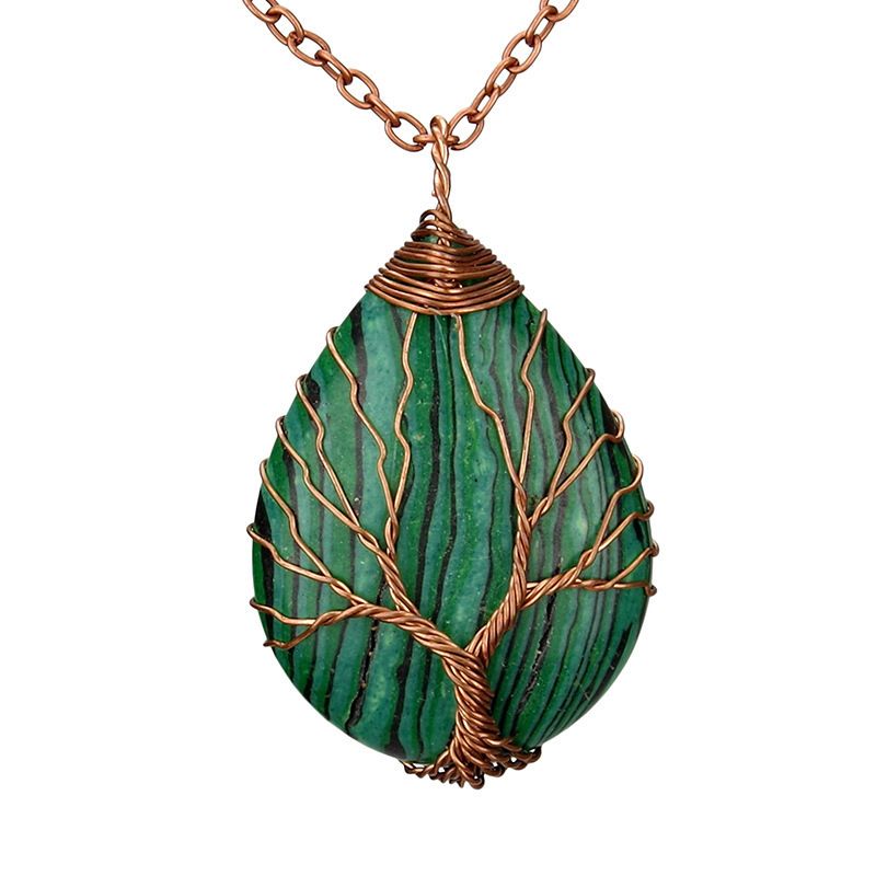Large Tree Of Life Crystal Pendant Necklace - Hand-Wrapped Silk Cord With Water Drop Raw Stone For Boho & Spiritual Jewelry_voghion.com