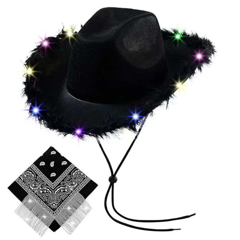 LED Cowboy Hat With Rhinestone Bandana Set – Glow-in-the-Dark Western Hat For Women, Girls & Costume Parties_voghion.com