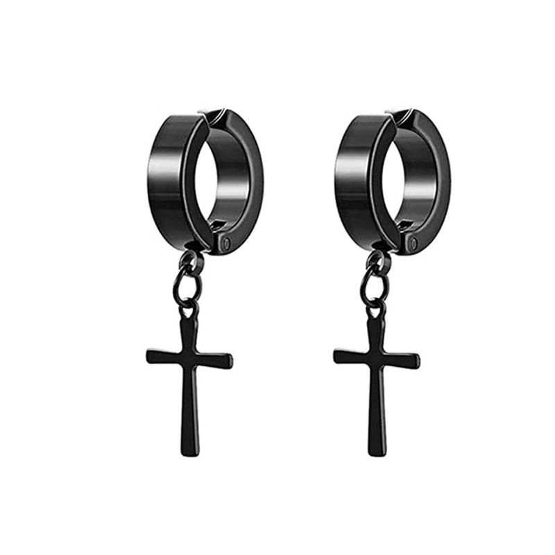Earrings 7 Pairs Magnetic Stainless Steel CZ Clip-on Earrings Non-pierced Huggie Cross Feather Hinge Earring Set Neutral Black_voghion.com
