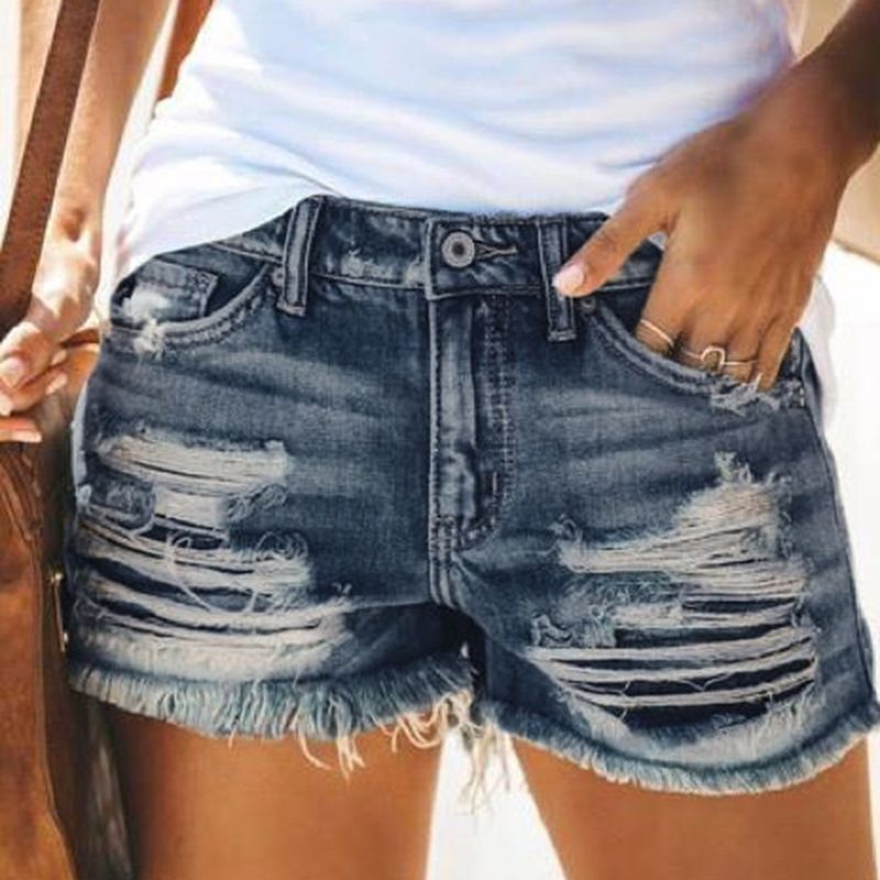 Women's Clothing High Waist Fringed Ripped Denim Shorts Jeans_voghion.com