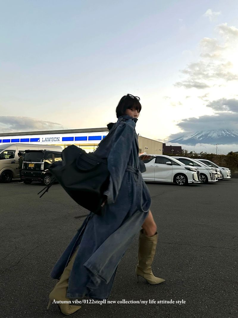 Calm Diary Doppelreihiger Denim-Trenchcoat Herbst Winter Lässiger, lockerer Schnitt Eleganter langer Mantel Jacke_voghion.com