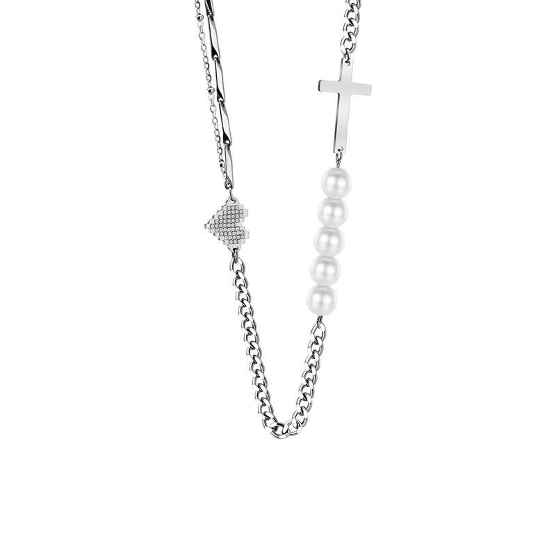 Collana da donna con ciondolo a forma di croce e perle in acciaio inossidabile, versatile e alla moda_voghion.com