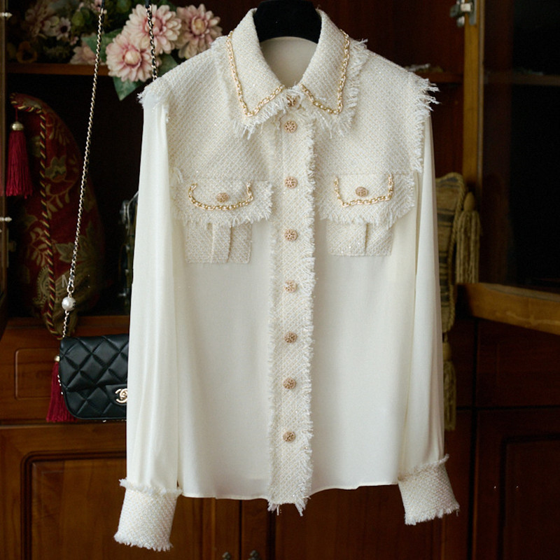 Women's Style Chain Beaded Edge Sparkling Tweed Splicing Lapel Imitation Silk Shirt_voghion.com