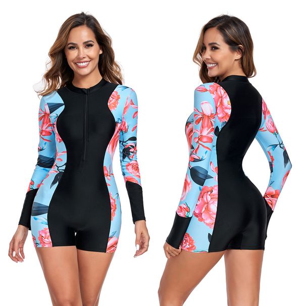 Rashguard-Badeanzug im Farbblockdesign für Damen – Langärmliger Einteiler mit Frontreißverschluss, LSF 50+ und schmaler Passform zum Surfen und Schwimmen_voghion.com