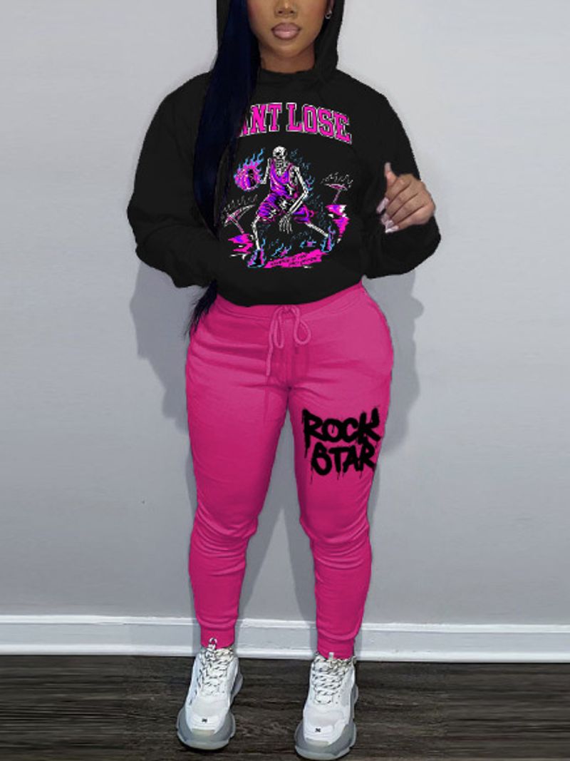 Sweat-shirt à capuche et pantalon de survêtement imprimé pour femme, décontracté, couleur assortie, costume ROCK_voghion.com
