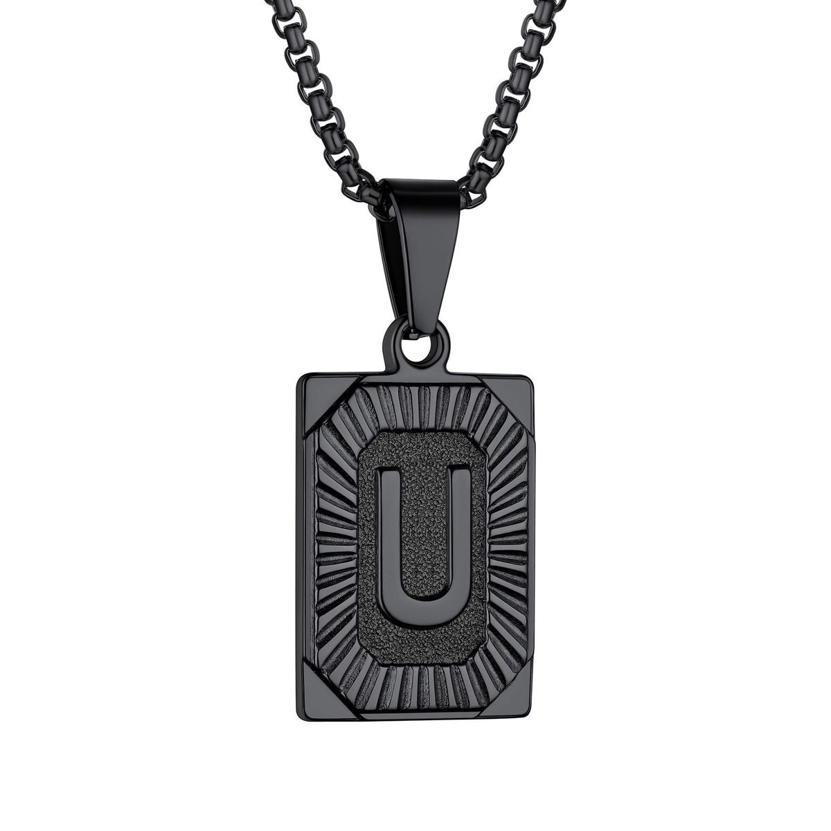 Collar con colgante inicial de placa de identificación negra Laatikui con letra U, cadena de acero inoxidable con nombre para hijo, padre y esposo._voghion.com