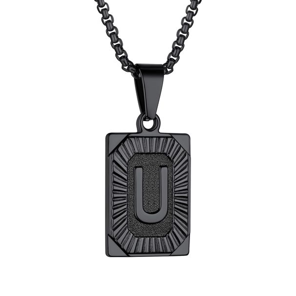 Collar con colgante inicial de placa de identificación negra Laatikui con letra U, cadena de acero inoxidable con nombre para hijo, padre y esposo._voghion.com