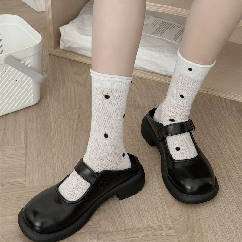Breathable Cotton Dot Socks For Women & Men, Mid-Crew Casual Socks With Mesh Design, Comfortable Stretchy Stackable Socks For All Seasons_voghion.com