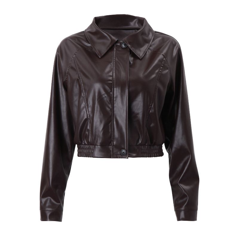 Women's clothing New retro elegant lapel zipper PU leather casual jacket jacket_voghion.com